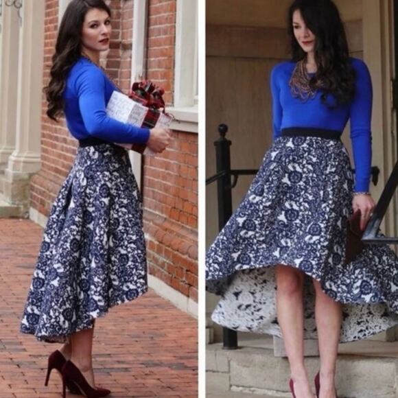 Anthropologie Sachin Babi Vespertine Hi Low Navy Blue Jacquard Skirt 0 - Picture 6 of 11